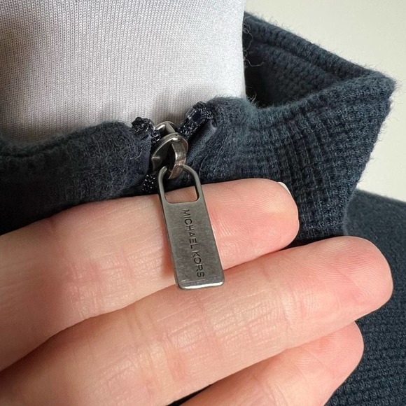 Michael Kors Quarter Zip Pullover Mens MEDIUM Navy Blue Elbow Patch Waffle Knit - Picture 4 of 7